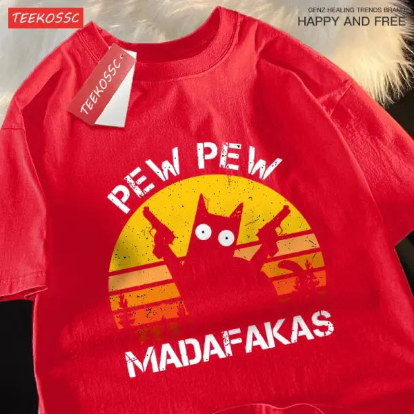 Pew Pew Madafakas Cat With Two Guns T-Shirts Man Street Summer Short Sleeve Harajuku Cotton Tshirt Oversized Breathable