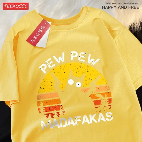 Pew Pew Madafakas Cat With Two Guns T-Shirts Man Street Summer Short Sleeve Harajuku Cotton Tshirt Oversized Breathable