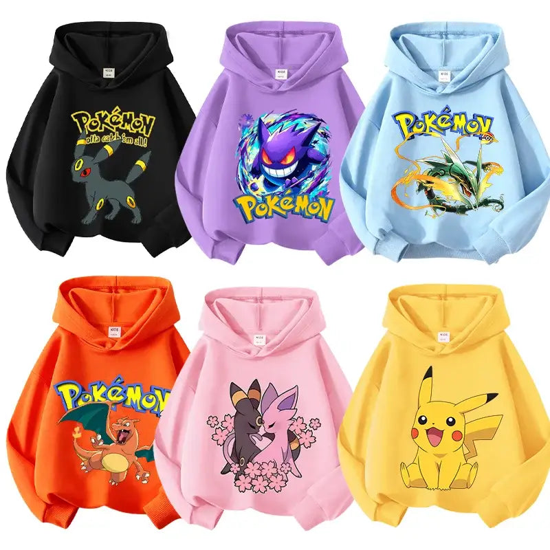 Pikachu Pokemons Hoodies Kids Clothing Cartoon Rayquaza Mewtwo Tops Autumn Child Long Sleeve Pullover Boy Hooded