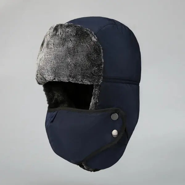 Men’s Winter Trapper Hat – Pilot Ushanka with Windproof Face Mask for Hunting & Skiing - Blue