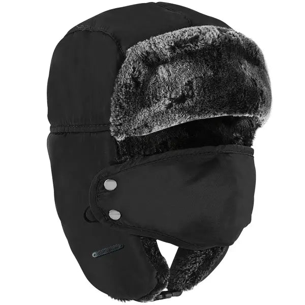Men’s Winter Trapper Hat – Pilot Ushanka with Windproof Face Mask for Hunting & Skiing - black