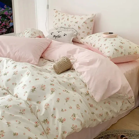 Pink Floral Bedding Set - Soft Ins Duvet Cover & Pillowcase - 01 / Queen 4pcs 200x230cm / Flat Bed Sheet
