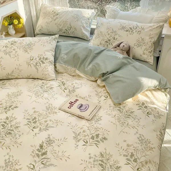 Pink Floral Bedding Set - Soft Ins Duvet Cover & Pillowcase - 02 / Queen 4pcs 200x230cm / Flat Bed Sheet