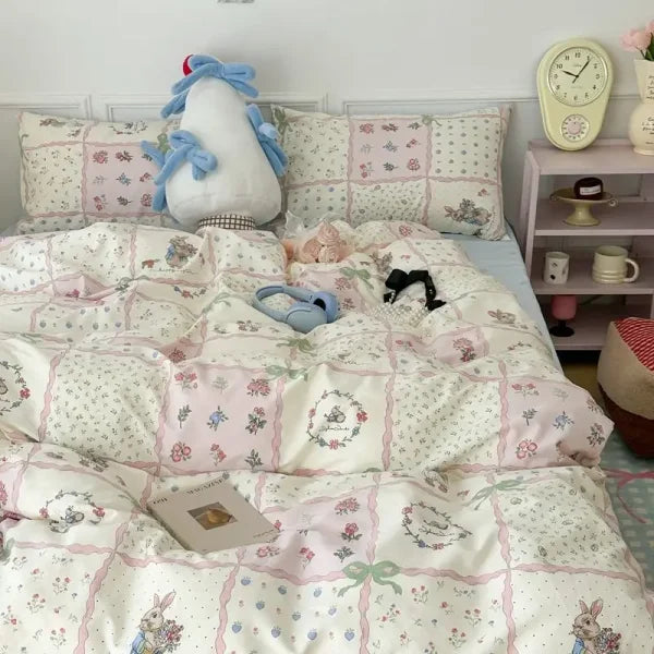 Pink Floral Bedding Set - Soft Ins Duvet Cover & Pillowcase - 03 / Twin 4pcs 150x200cm / Flat Bed Sheet