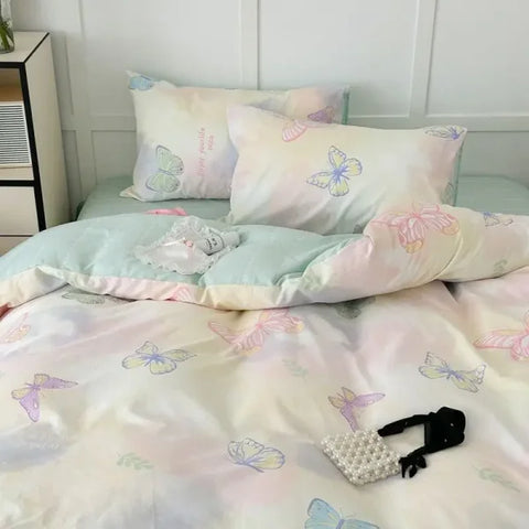 Pink Floral Bedding Set - Soft Ins Duvet Cover & Pillowcase - 04 / Queen 4pcs 200x230cm / Flat Bed Sheet