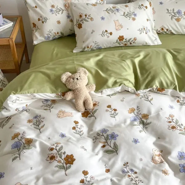 Pink Floral Bedding Set - Soft Ins Duvet Cover & Pillowcase - 05 / Twin 4pcs 150x200cm / Flat Bed Sheet