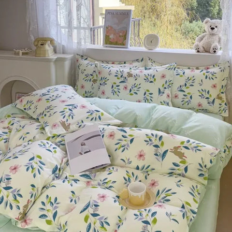 Pink Floral Bedding Set - Soft Ins Duvet Cover & Pillowcase - 06 / Twin 4pcs 150x200cm / Flat Bed Sheet