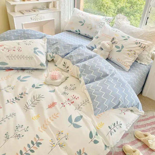 Pink Floral Bedding Set - Soft Ins Duvet Cover & Pillowcase - 07 / Queen 4pcs 200x230cm / Flat Bed Sheet