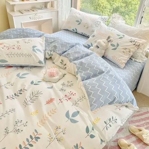 Pink Floral Bedding Set - Soft Ins Duvet Cover & Pillowcase - 07 / Queen 4pcs 200x230cm / Flat Bed Sheet
