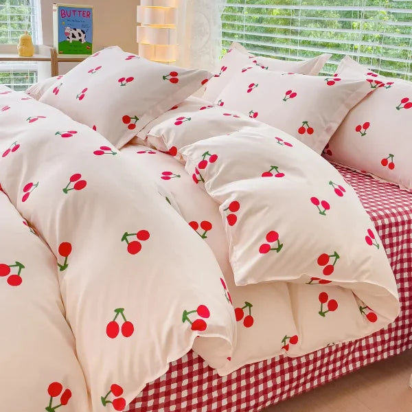 Pink Floral Bedding Set - Soft Ins Duvet Cover & Pillowcase - 08 / Twin 4pcs 150x200cm / Flat Bed Sheet