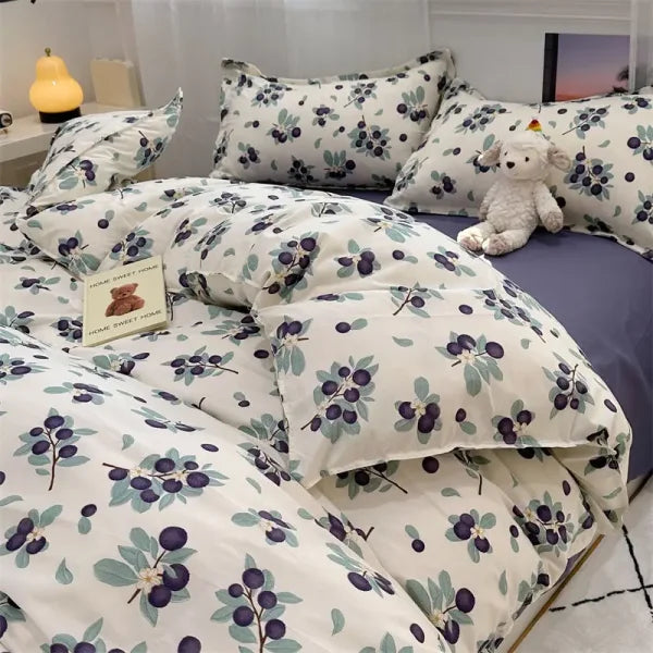 Pink Floral Bedding Set - Soft Ins Duvet Cover & Pillowcase - 09 / Queen 4pcs 200x230cm / Flat Bed Sheet