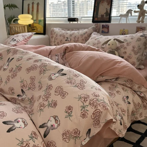 Pink Floral Bedding Set - Soft Ins Duvet Cover & Pillowcase - 10 / Twin 4pcs 150x200cm / Flat Bed Sheet