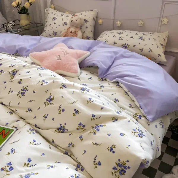 Pink Floral Bedding Set - Soft Ins Duvet Cover & Pillowcase - 11 / Queen 4pcs 200x230cm / Flat Bed Sheet