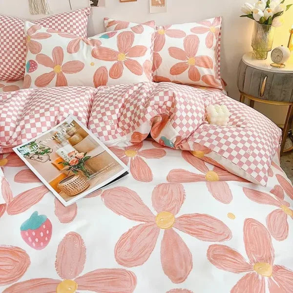 Pink Floral Bedding Set - Soft Ins Duvet Cover & Pillowcase - 12 / Twin 4pcs 150x200cm / Flat Bed Sheet