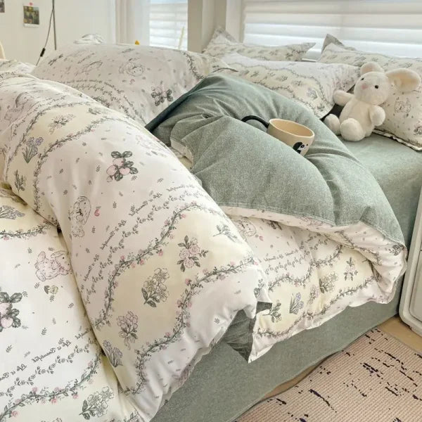 Pink Floral Bedding Set - Soft Ins Duvet Cover & Pillowcase - 13 / Queen 4pcs 200x230cm / Flat Bed Sheet