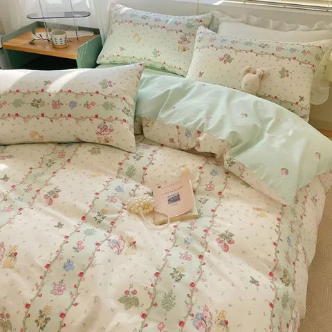 Pink Floral Bedding Set - Soft Ins Duvet Cover & Pillowcase - 14 / Full 4pcs 180x220cm / Flat Bed Sheet