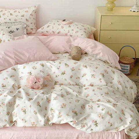 Pink Floral Bedding Set - Soft Ins Duvet Cover & Pillowcase