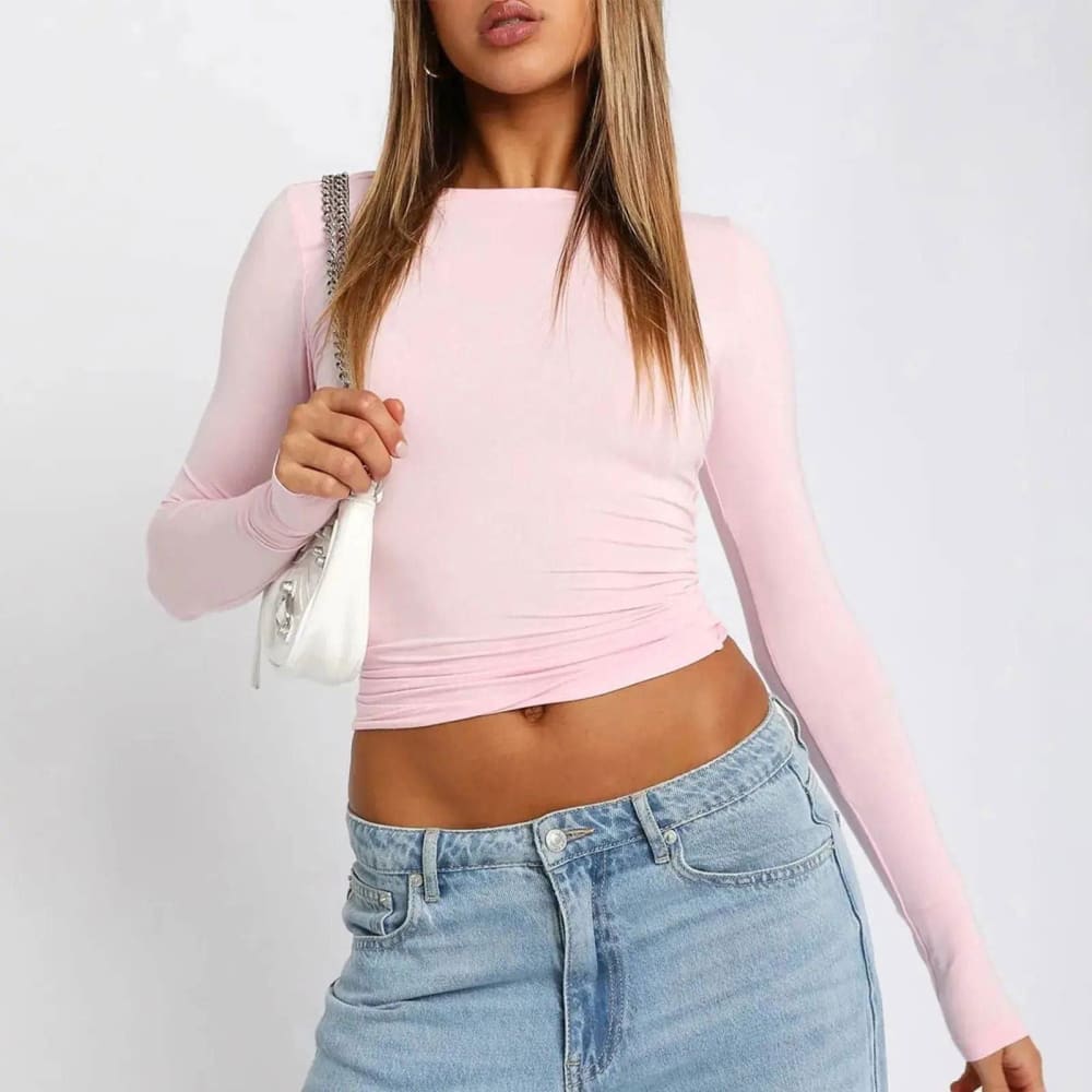 Pink Long Sleeve T-Shirt - Trendy Women’s Crop Top for Summer