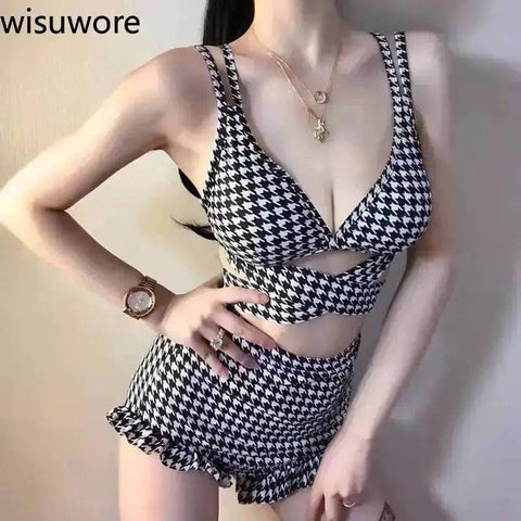 Plaid Swimwear | Hollow Out Cross Straps Sexy Bikini Swimsuit