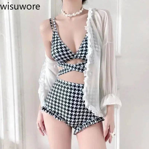 Plaid Swimwear | Hollow Out Cross Straps Sexy Bikini Swimsuit