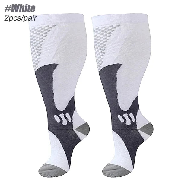 Plus Size Compression Socks 20-30mmHg – Wide Calf Support for Men & Women - White / 2XL