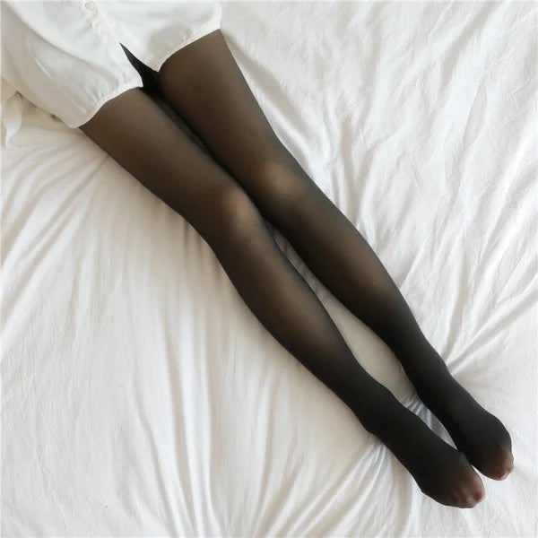 Plus Size Fleece Lined Tights on legs featuring coffee skin against white fabric