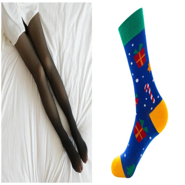 Colorful holiday sock with candy canes on a blue background, ideal for fleece lined tights