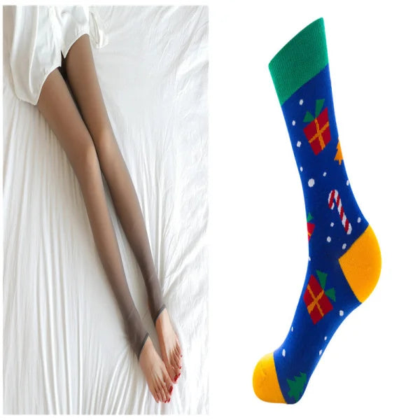 Colorful patterned sock with holiday designs for fleece lined tights for comfort in winter