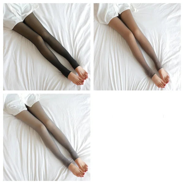 Pair of gray thigh-high leg warmers for plus size fleece lined tights in fall and winter