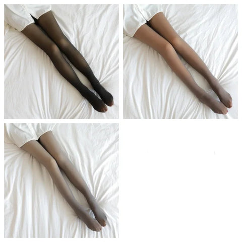 Three pairs of fleece lined tights in brown and gray for coffee and grey skin tones