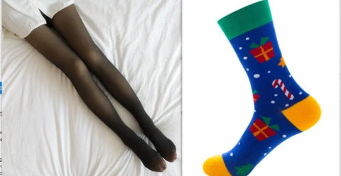 Two contrasting socks highlighting Fleece Lined Tights for comfort in fall and winter