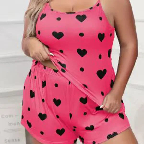 Plus Size Heart Print Women’s Pajama Set – 2-Piece Sleeveless Sleepwear - Rose Red / 5XL