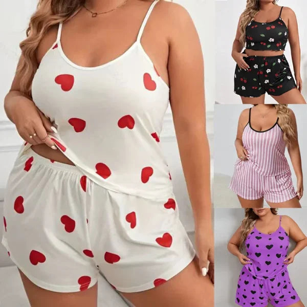 Plus Size Heart Print Women’s Pajama Set – 2-Piece Sleeveless Sleepwear