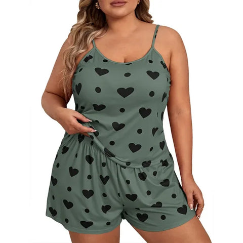 Plus Size Heart Print Women’s Pajama Set – 2-Piece Sleeveless Sleepwear