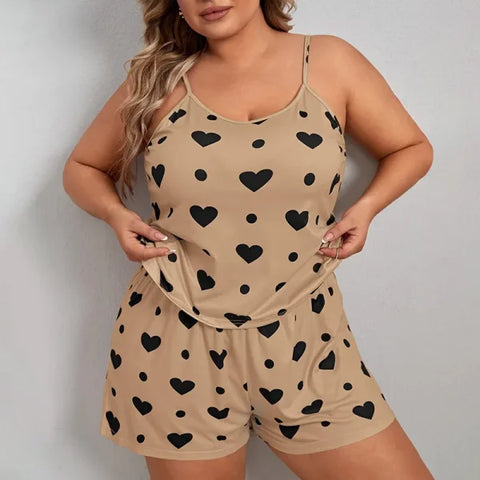 Plus Size Heart Print Women’s Pajama Set – 2-Piece Sleeveless Sleepwear - Khaki / 5XL