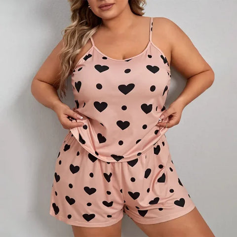 Plus Size Heart Print Women’s Pajama Set – 2-Piece Sleeveless Sleepwear - Pink / 5XL