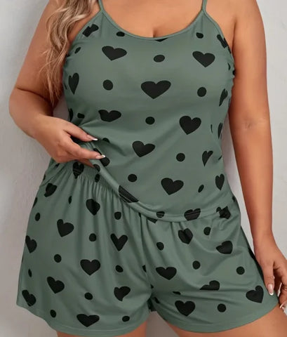 Plus Size Heart Print Women’s Pajama Set – 2-Piece Sleeveless Sleepwear - green / 5XL