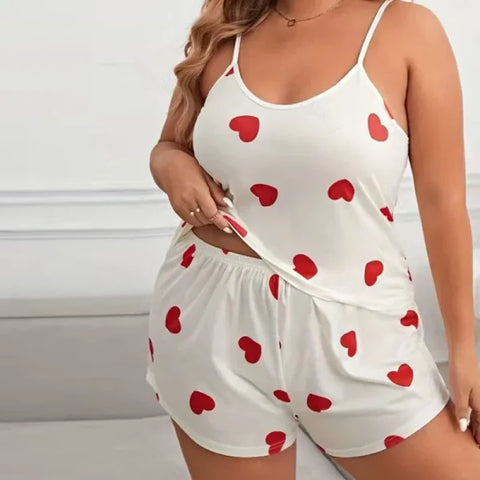 Plus Size Heart Print Women’s Pajama Set – 2-Piece Sleeveless Sleepwear - White / 5XL