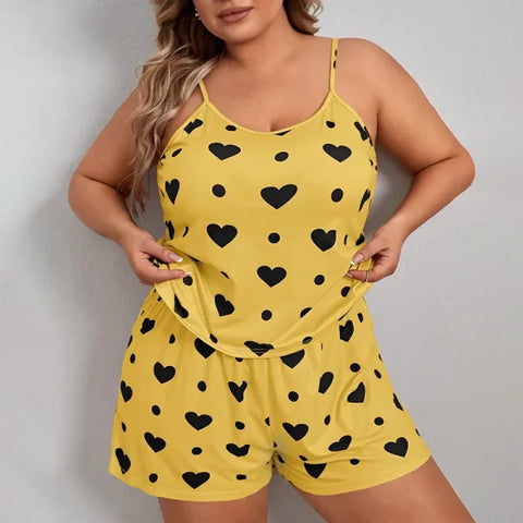 Plus Size Heart Print Women’s Pajama Set – 2-Piece Sleeveless Sleepwear - Yellow / 5XL