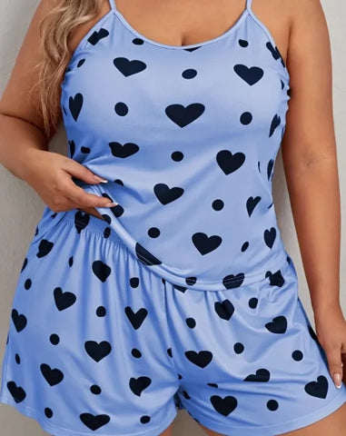 Plus Size Heart Print Women’s Pajama Set – 2-Piece Sleeveless Sleepwear - Blue / 5XL