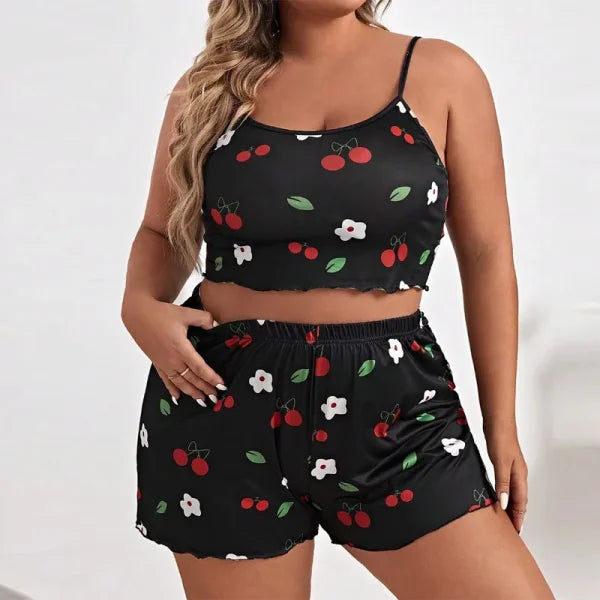 Plus Size Heart Print Women’s Pajama Set – 2-Piece Sleeveless Sleepwear - Black / 5XL