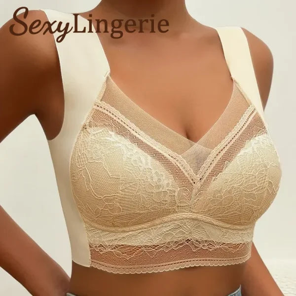 Plus Size Lace Deep V Bralette – Sexy Ice Silk Push-Up Lingerie