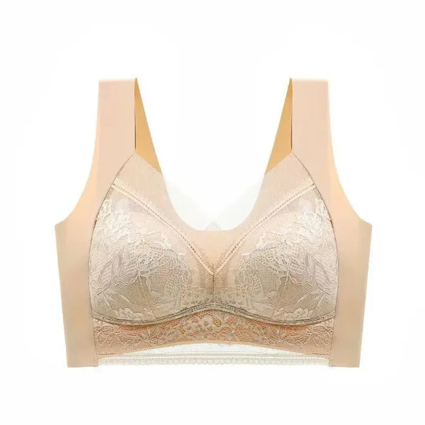 Plus Size Lace Deep V Bralette – Sexy Ice Silk Push-Up Lingerie - Apricot / 5XL