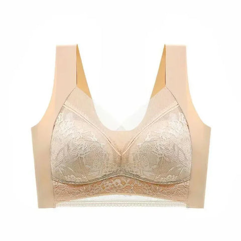 Plus Size Lace Deep V Bralette – Sexy Ice Silk Push-Up Lingerie - Apricot / 5XL