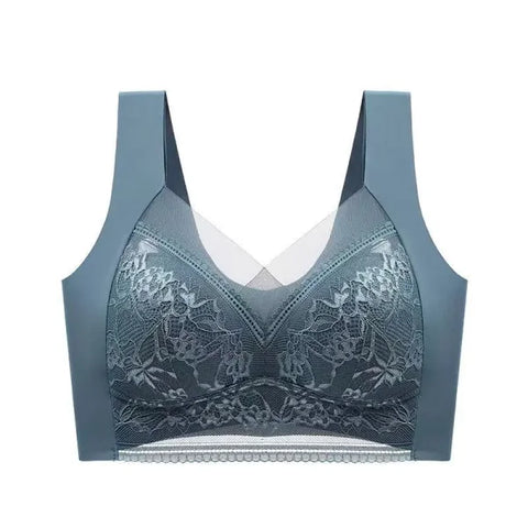Plus Size Lace Deep V Bralette – Sexy Ice Silk Push-Up Lingerie - Blue / XL