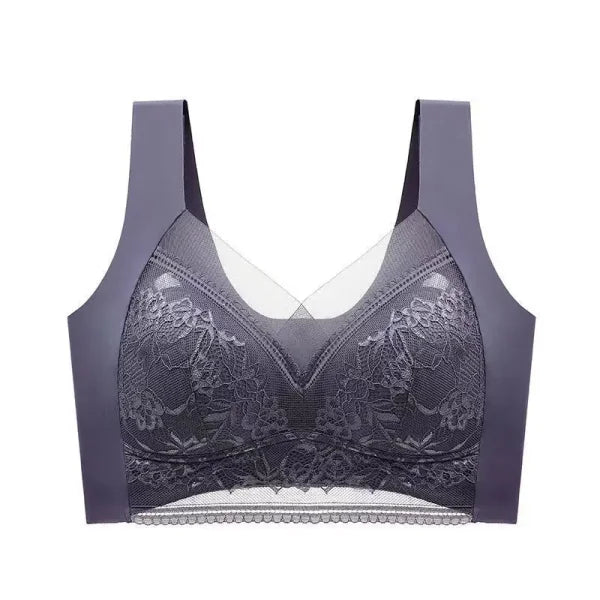 Plus Size Lace Deep V Bralette – Sexy Ice Silk Push-Up Lingerie - Grey / L