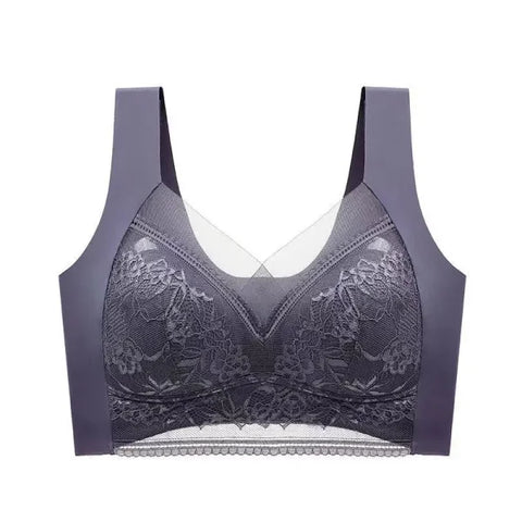 Plus Size Lace Deep V Bralette – Sexy Ice Silk Push-Up Lingerie - Grey / L