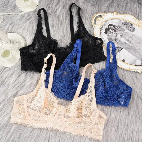Plus Size Lace Push Up Bra Women Sexy Hollow Out Lingerie Lady Lace Transparent Underwear Female Embroidery Solid Bra
