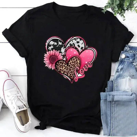 Plus Size T-Shirt - Heart Sunflower & Letter Print Tee