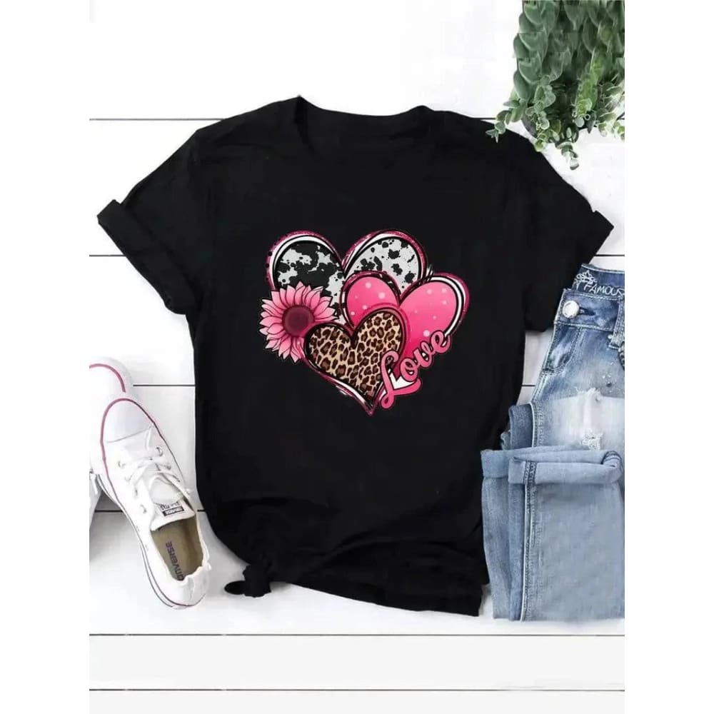 Plus Size T-Shirt - Heart Sunflower & Letter Print Tee